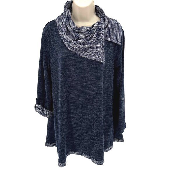 Soft Surroundings Womens Blue Knit Roll Tab Sleeves Scarf Collar Tunic Size M - Picture 1 of 11